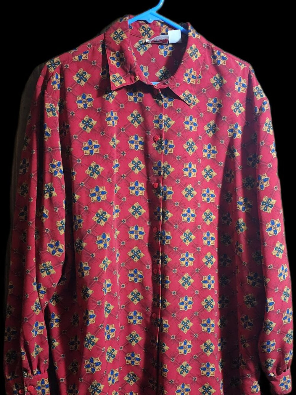Alia Vintage Red Geometric Diamond Floral Button-Down Plus Size 22W Blouse